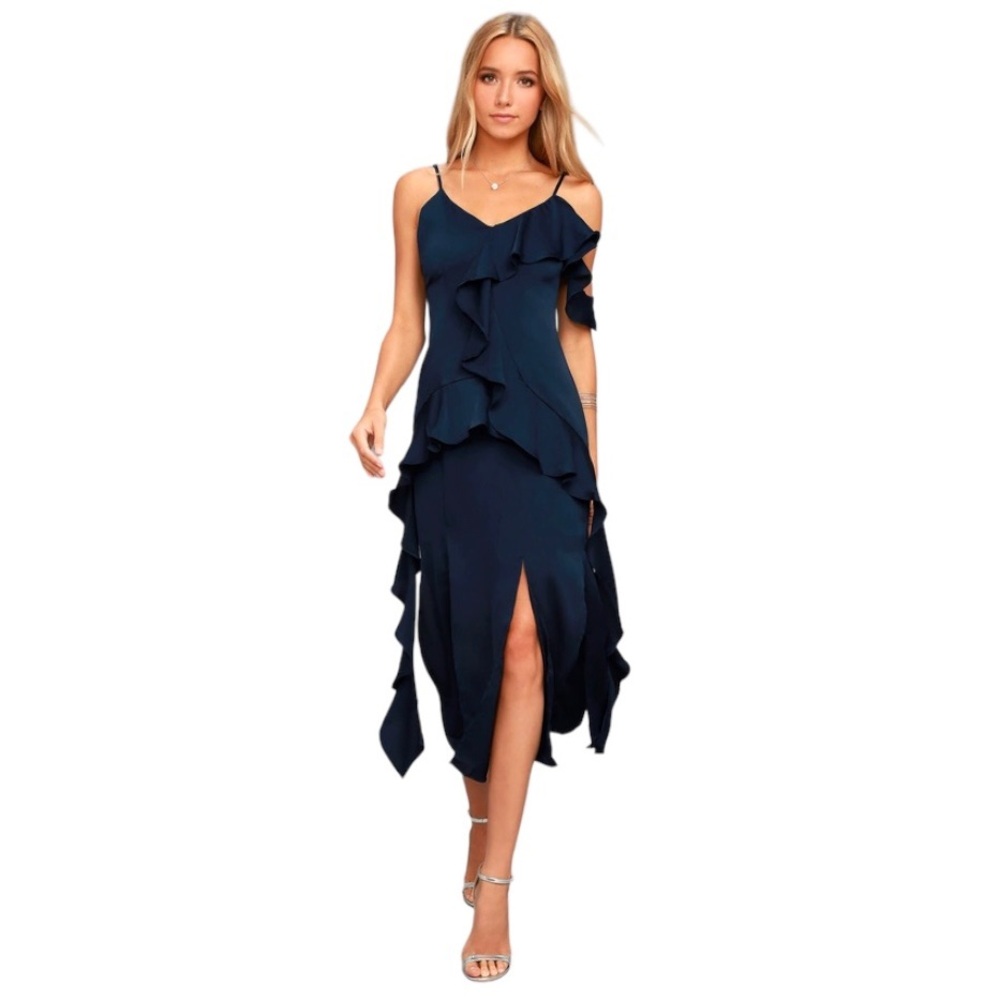 KEEPSAKE The Label Midi Dress Women’s Small Navy‎ Ruffle Love Bound